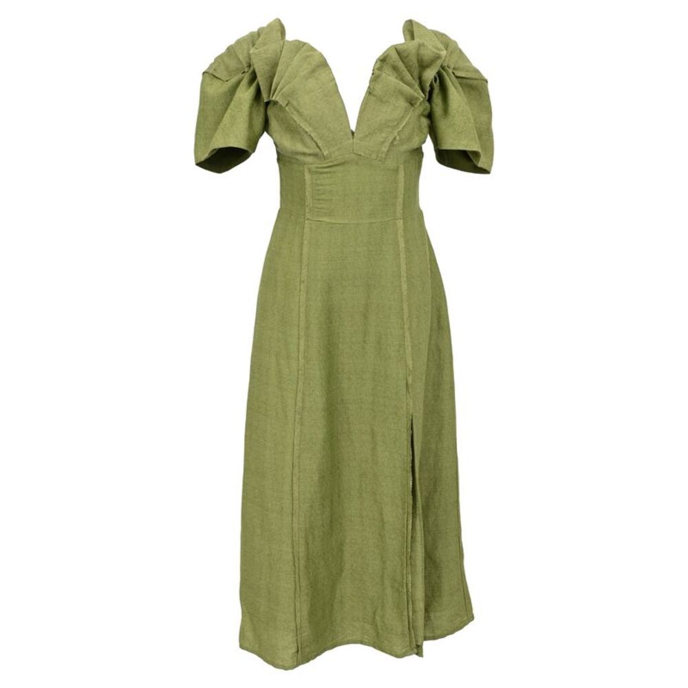 Cult Gaia Muna Off The Shoulder Midi Dress in Green Linen